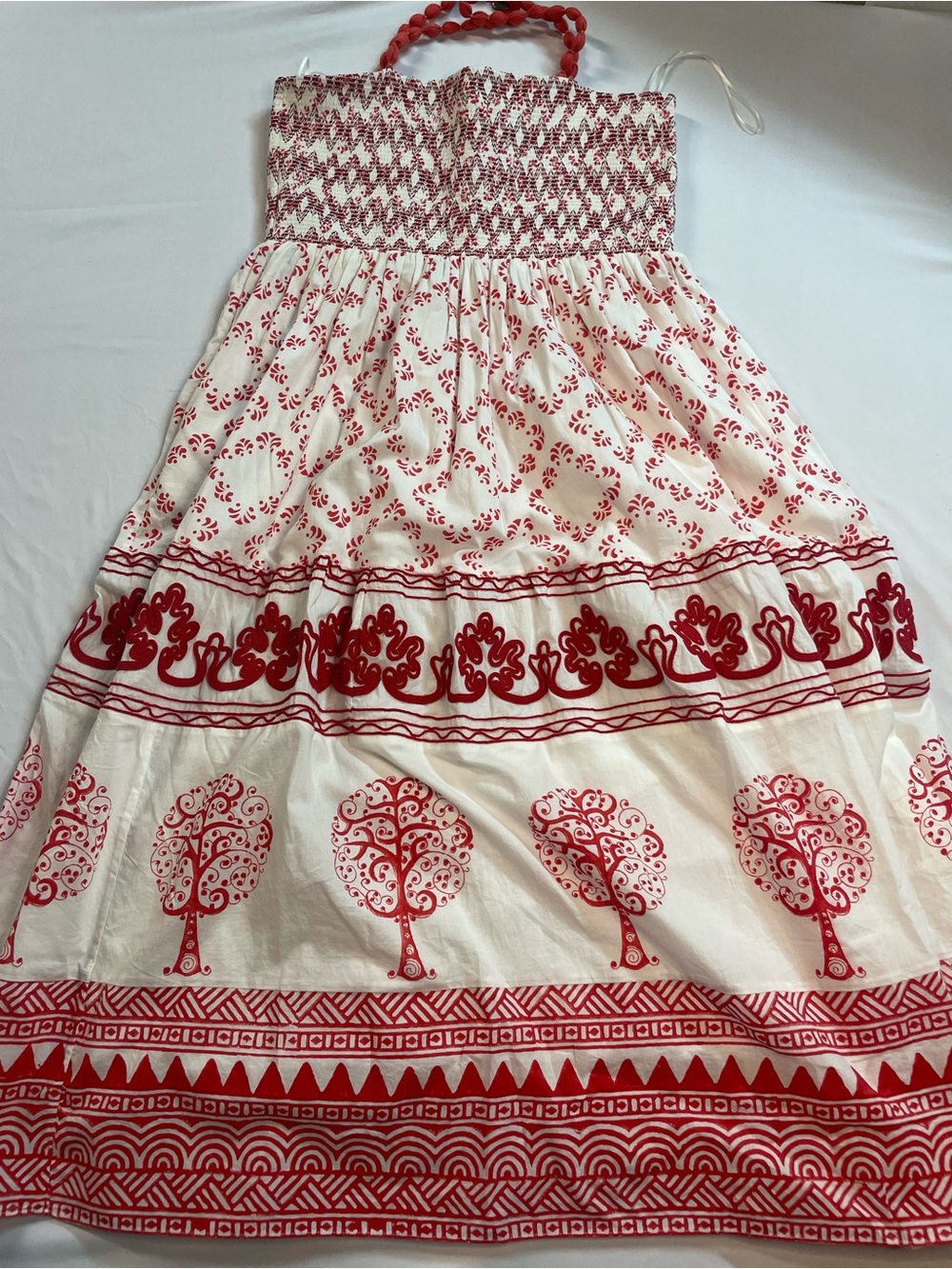 Ash &Eden L Smocked White Maxi Skirt with Red Tree & Foliate Print